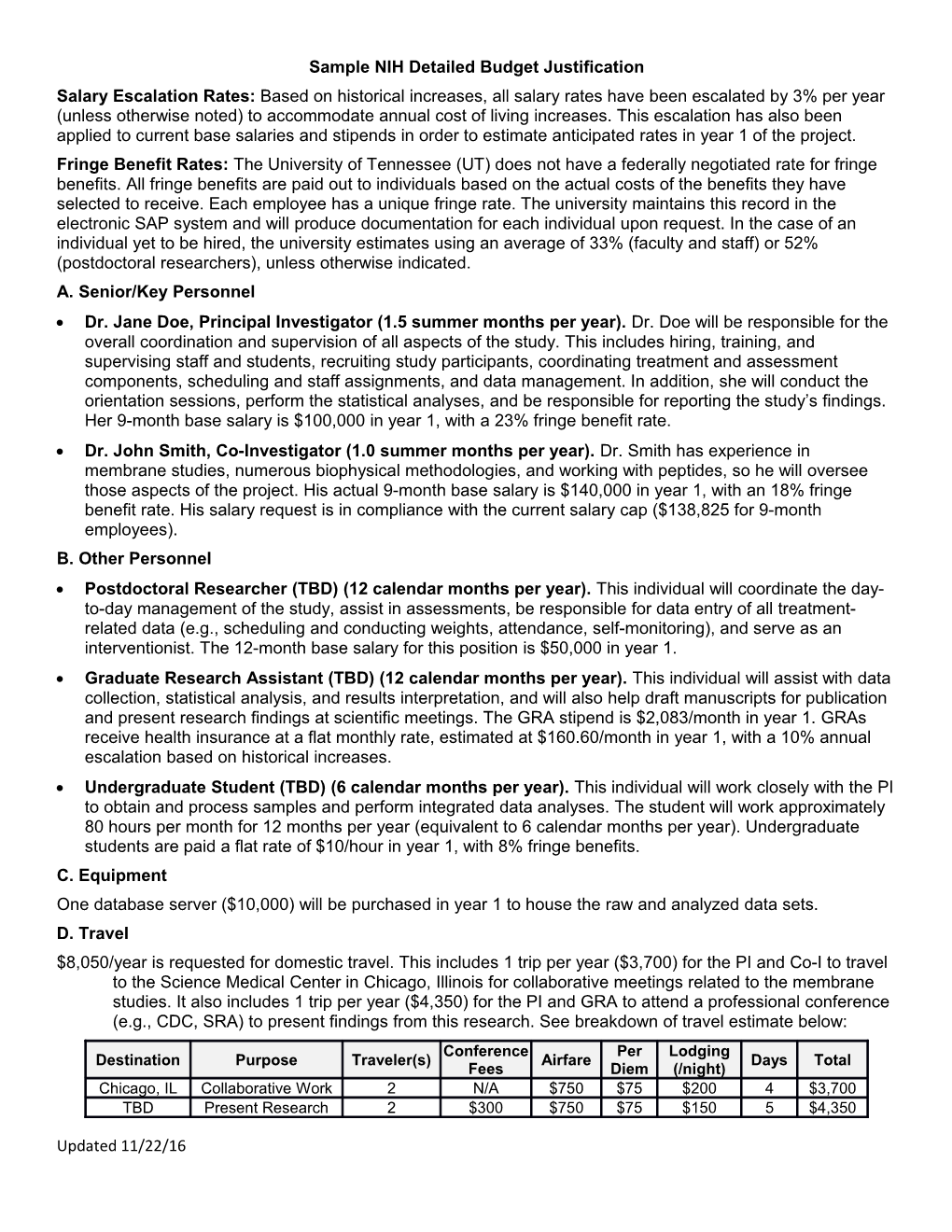 Sample NIH Detailed Budget Justification