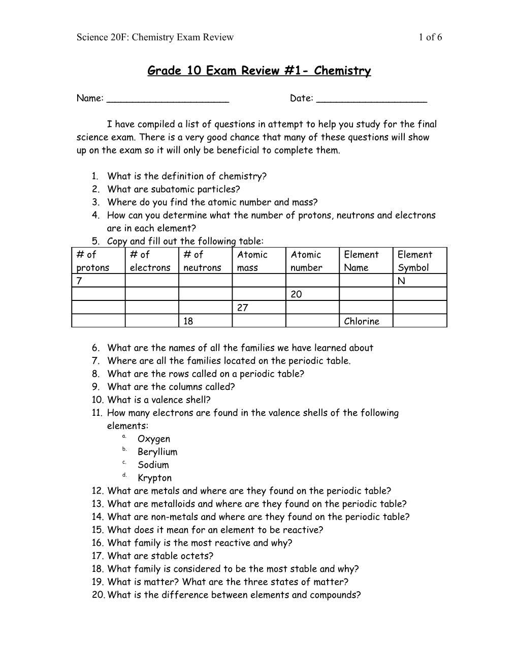 Grade 10 Exam Review #1- Chemistry