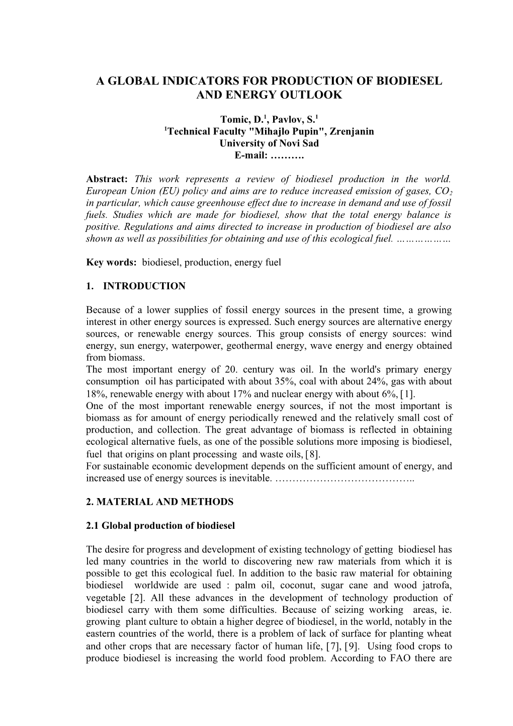 A Globalindicators Forproductionof Biodieselandenergyoutlook