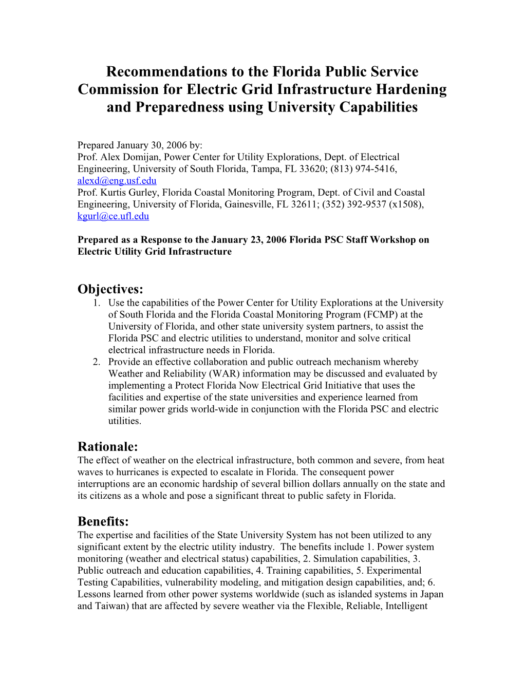 Recommendations for Electric Grid Infrastructure Hardening and Preparedness Using University