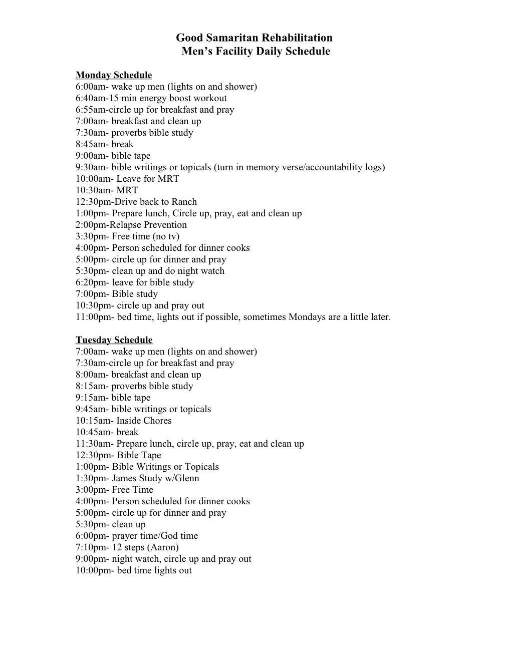 Men S Facility Daily Schedule