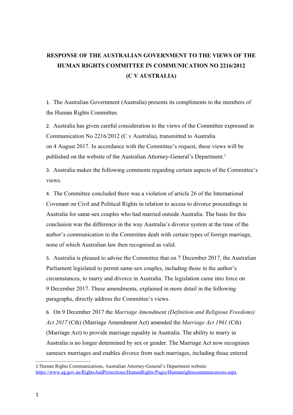 Response of the Australian Government to the Views of the Human Rights Committee In