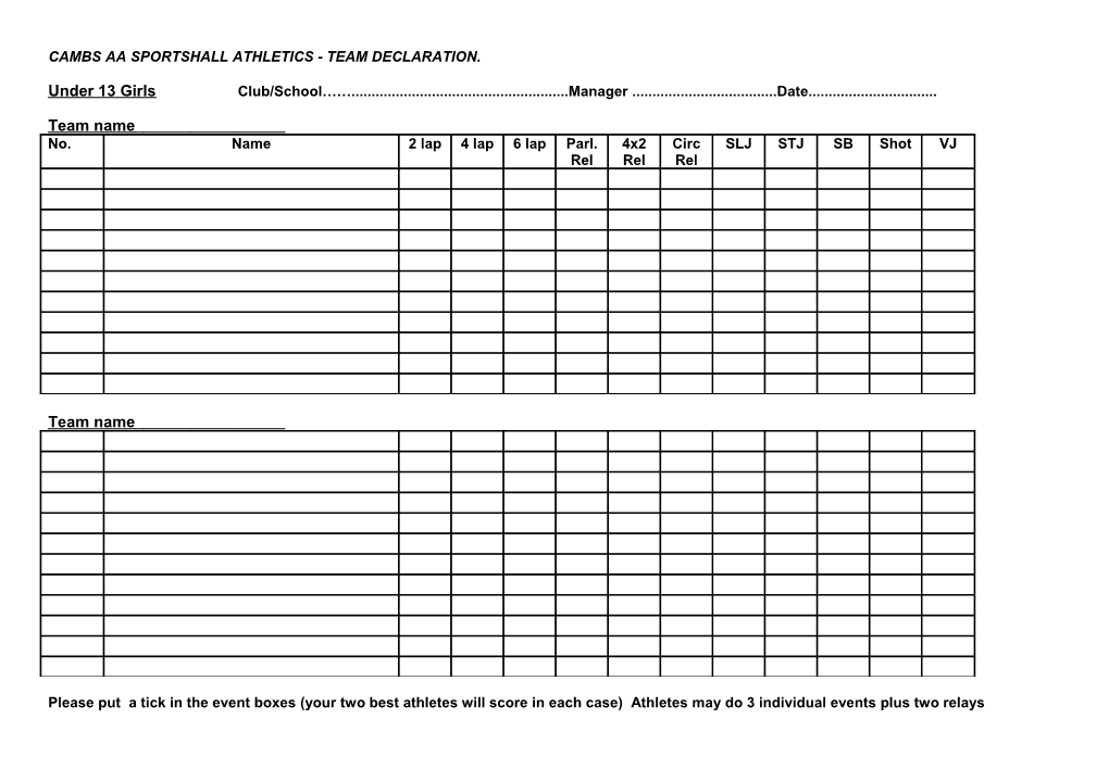 Cambs Aa Sportshall Athletics - Team Declaration