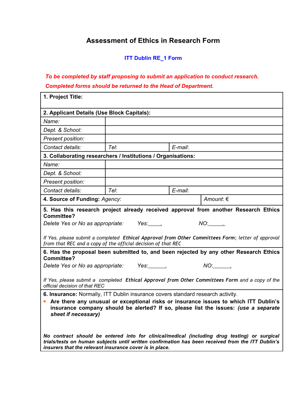 Assessment of Ethics And/Or Risk in Research Form