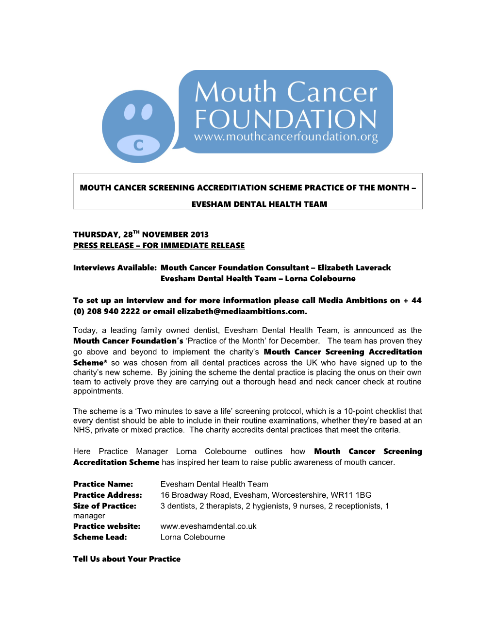 Mouth Cancer Screening Accreditiation Scheme Practice of the Month Evesham Dental Health Team
