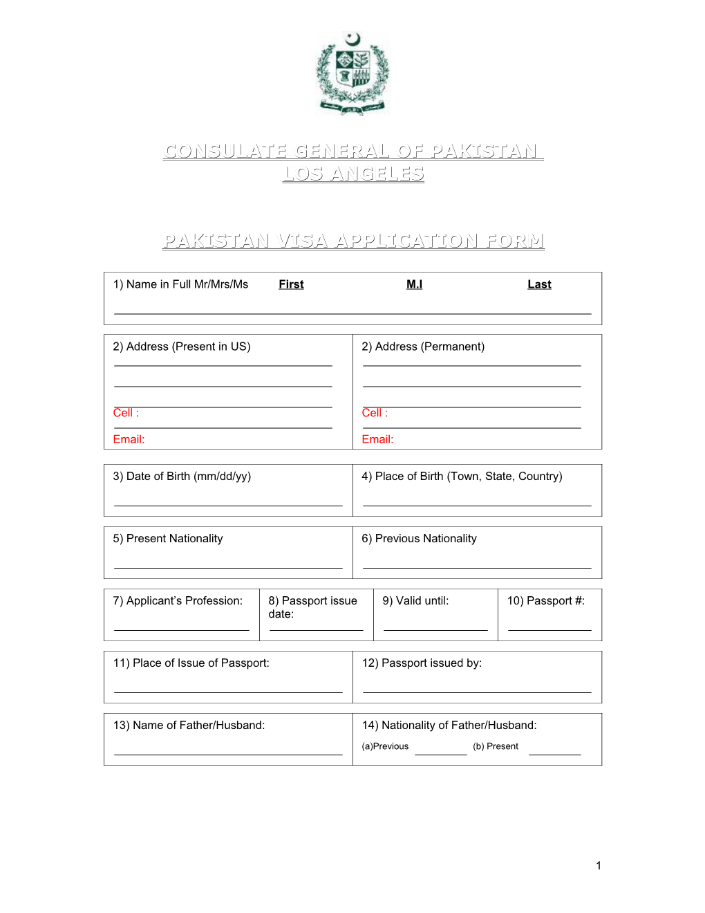 Pakistan Visa Application Form