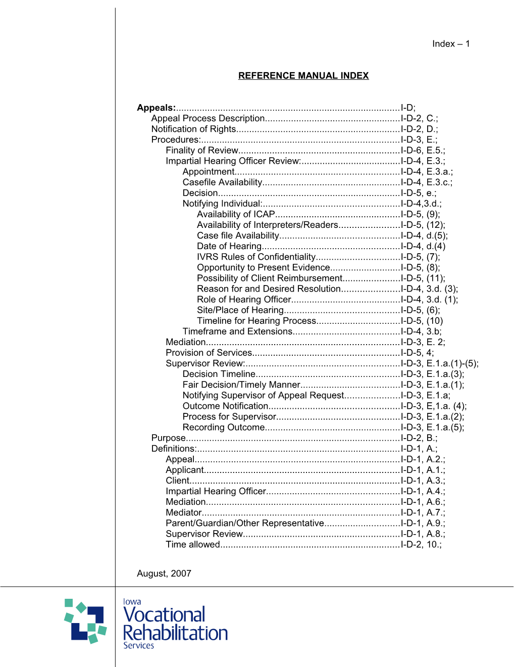 Reference Manual Index