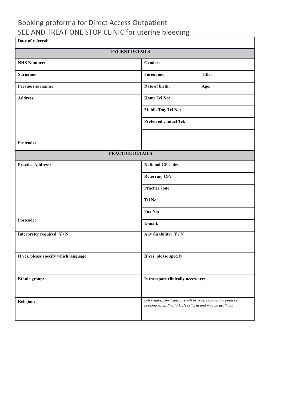 Booking Proforma for Direct Access Outpatient