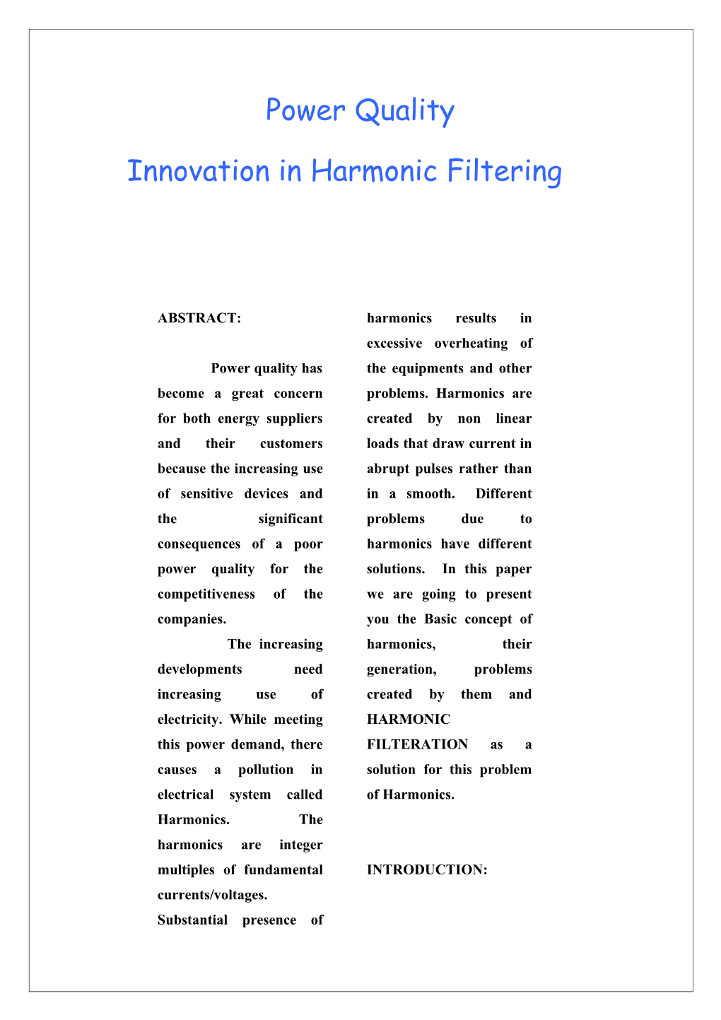 Power Quality: Innovation in Harmonic Filtering