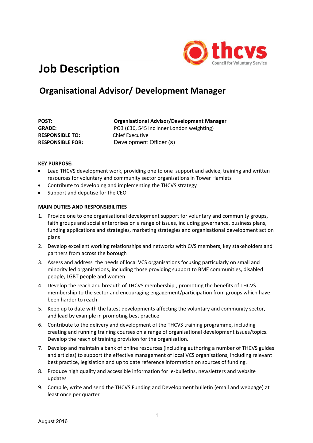 POST:Organisational Advisor/Development Manager