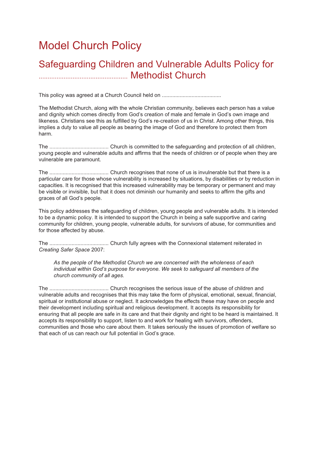 Safeguarding Children and Vulnerable Adults Policy for Methodist Church