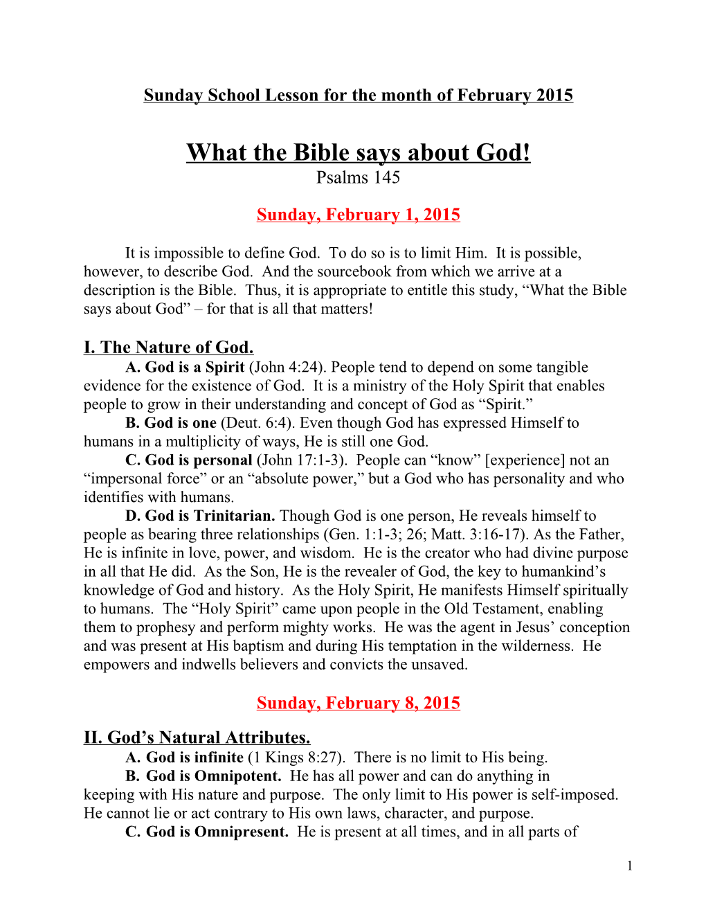 Sunday School Lesson for the Month of February 2015