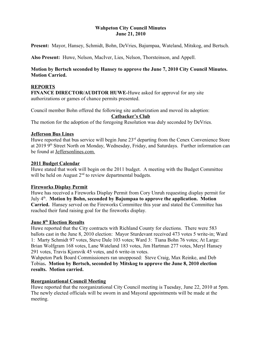 Wahpeton City Council Minutes