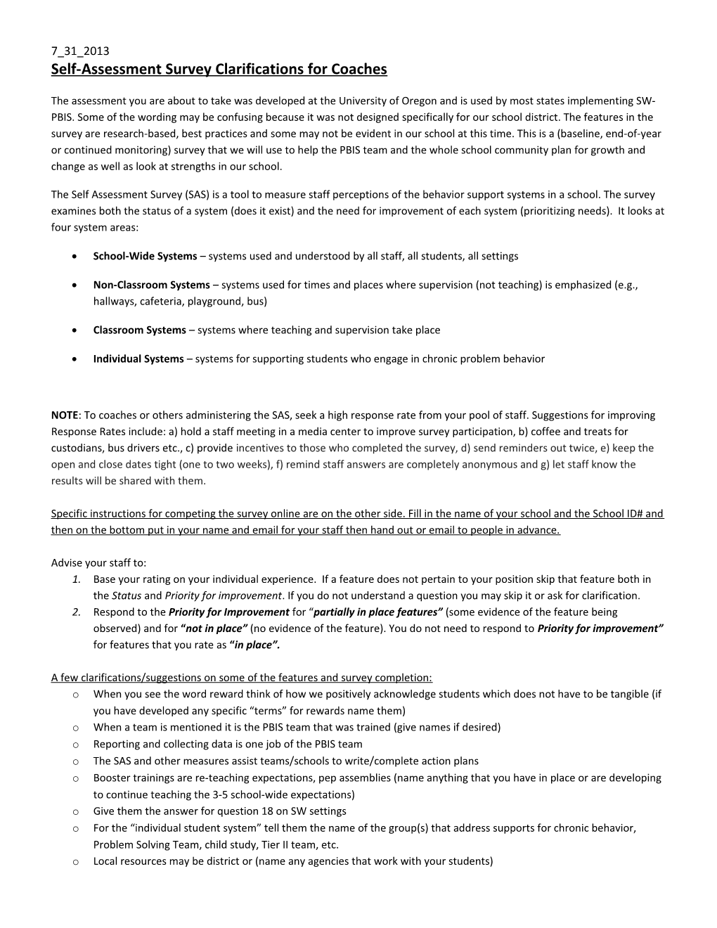 Self-Assessment Survey Clarifications for Coaches