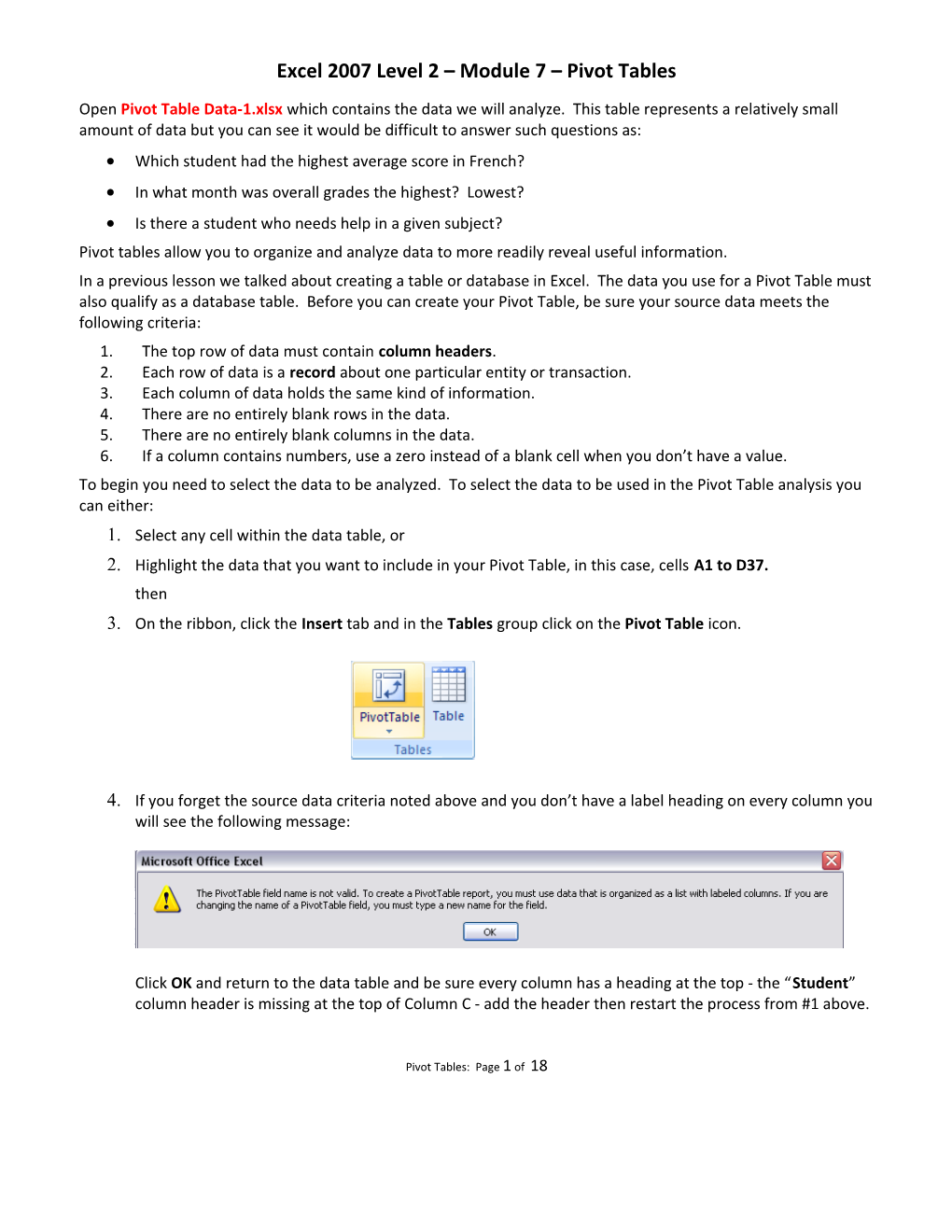 Excel 2007 Level 2 Module 7 Pivot Tables