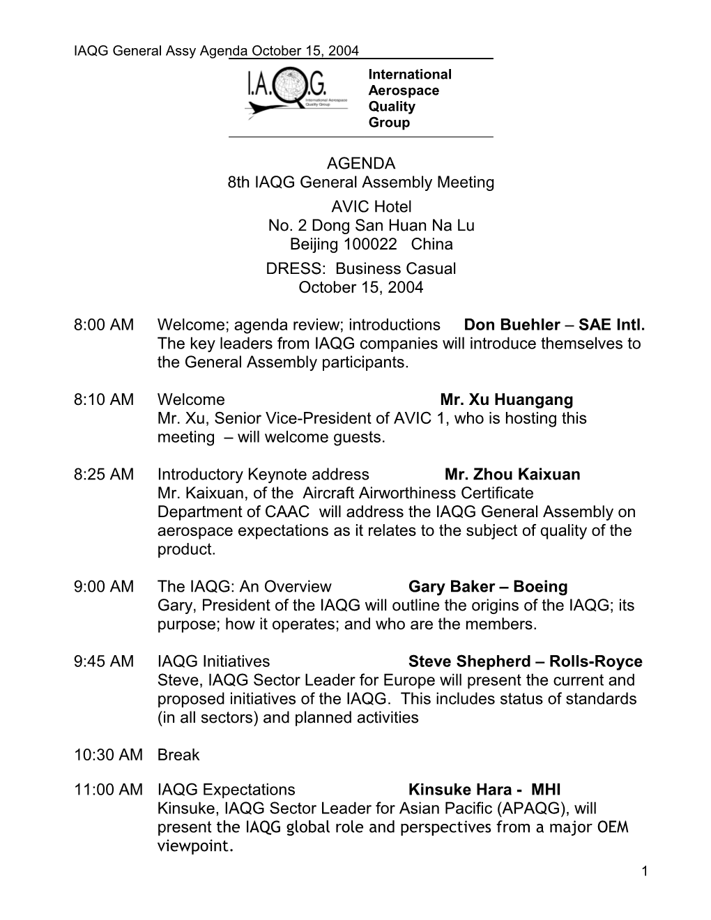 IAQG General Assy Agenda October 15, 2004