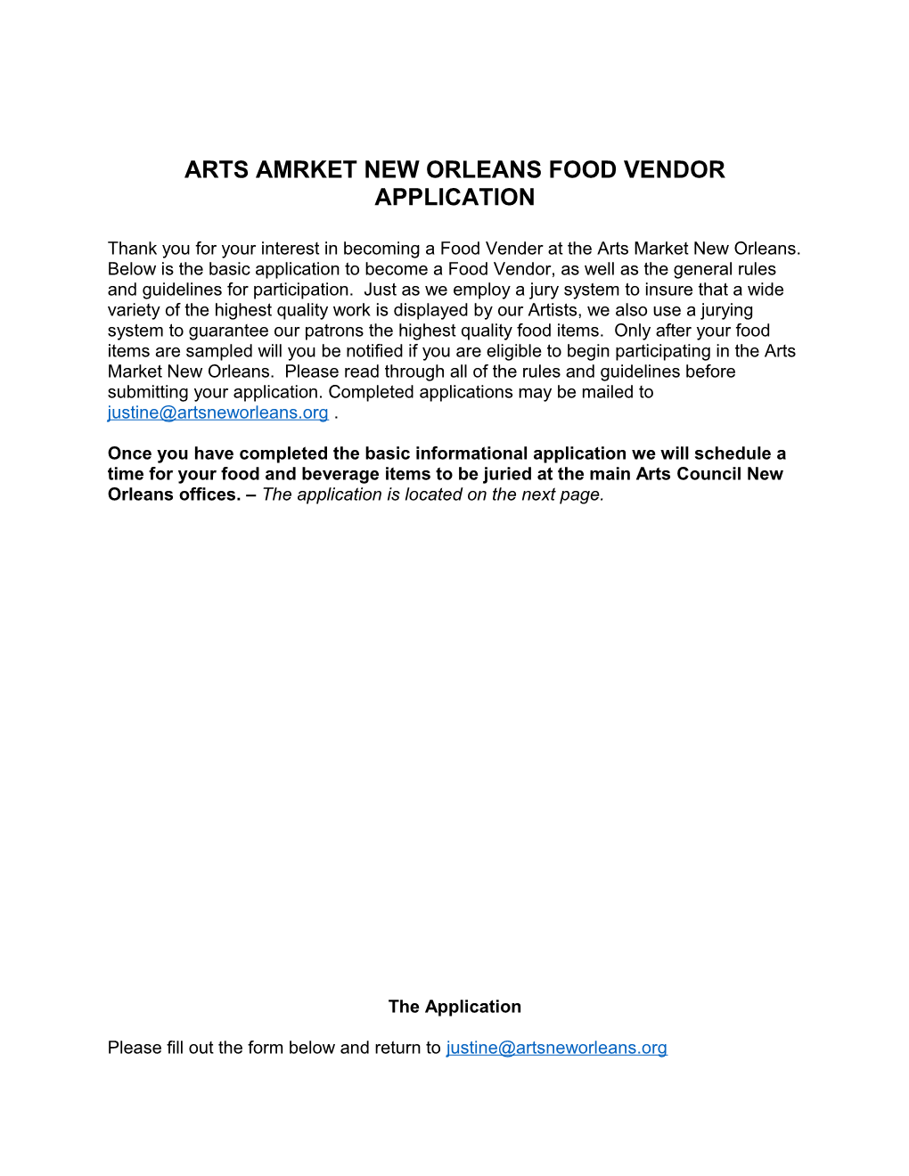 Arts Amrket New Orleans Food Vendor Application
