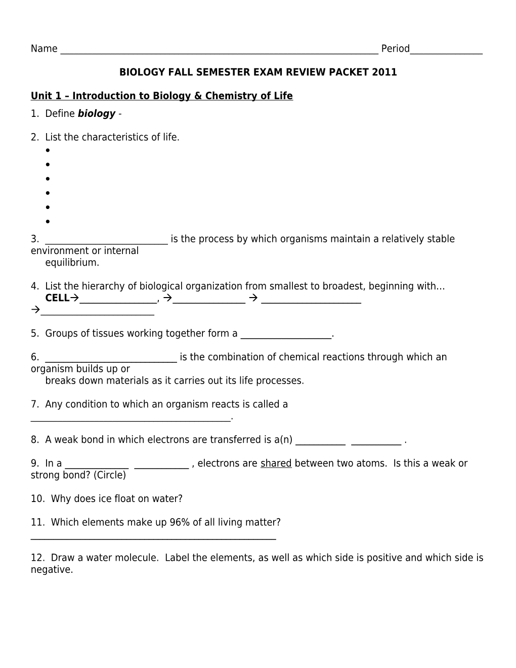 Biology Fall Semesterexam Review Packet 2011