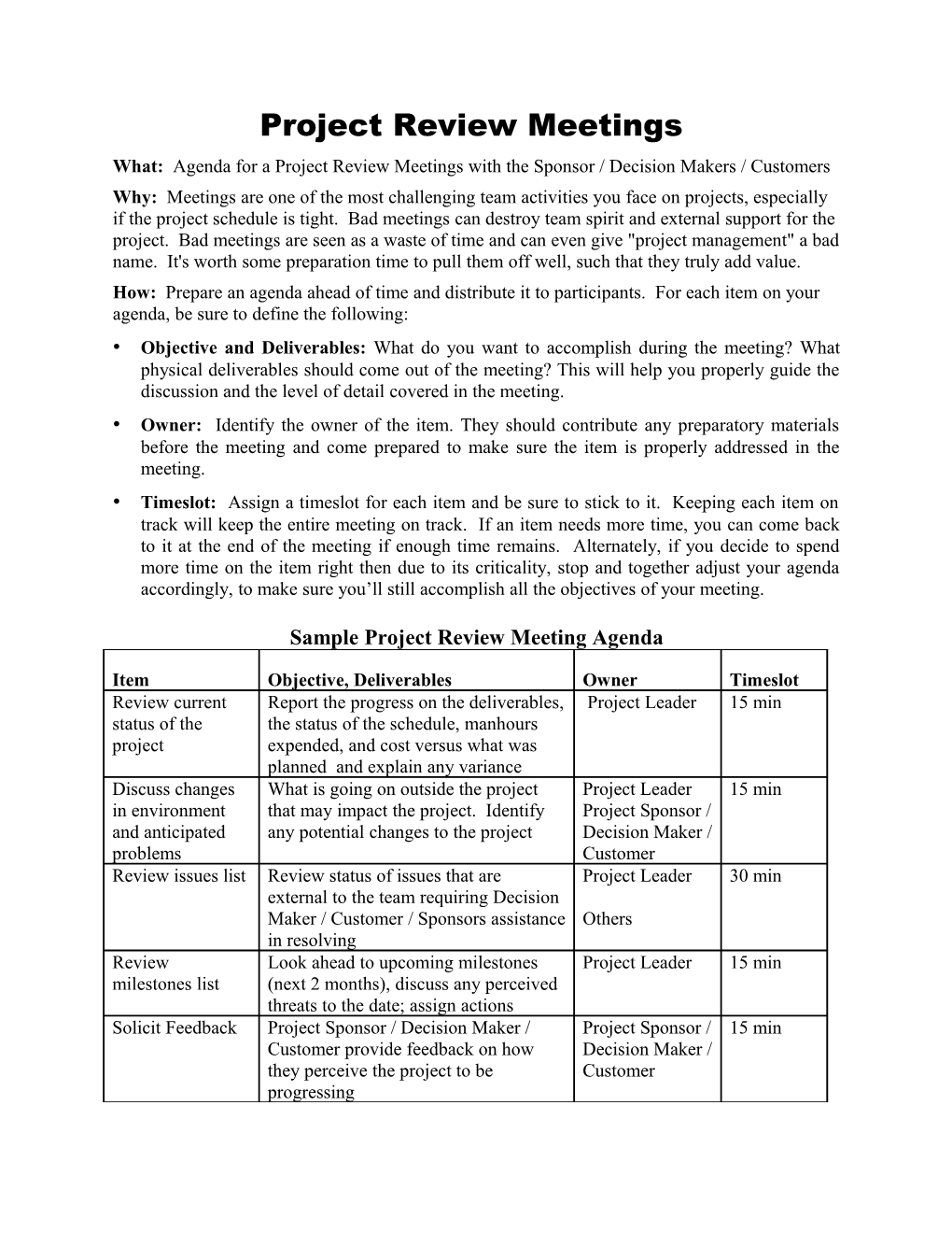 Project Status Meeting Agenda