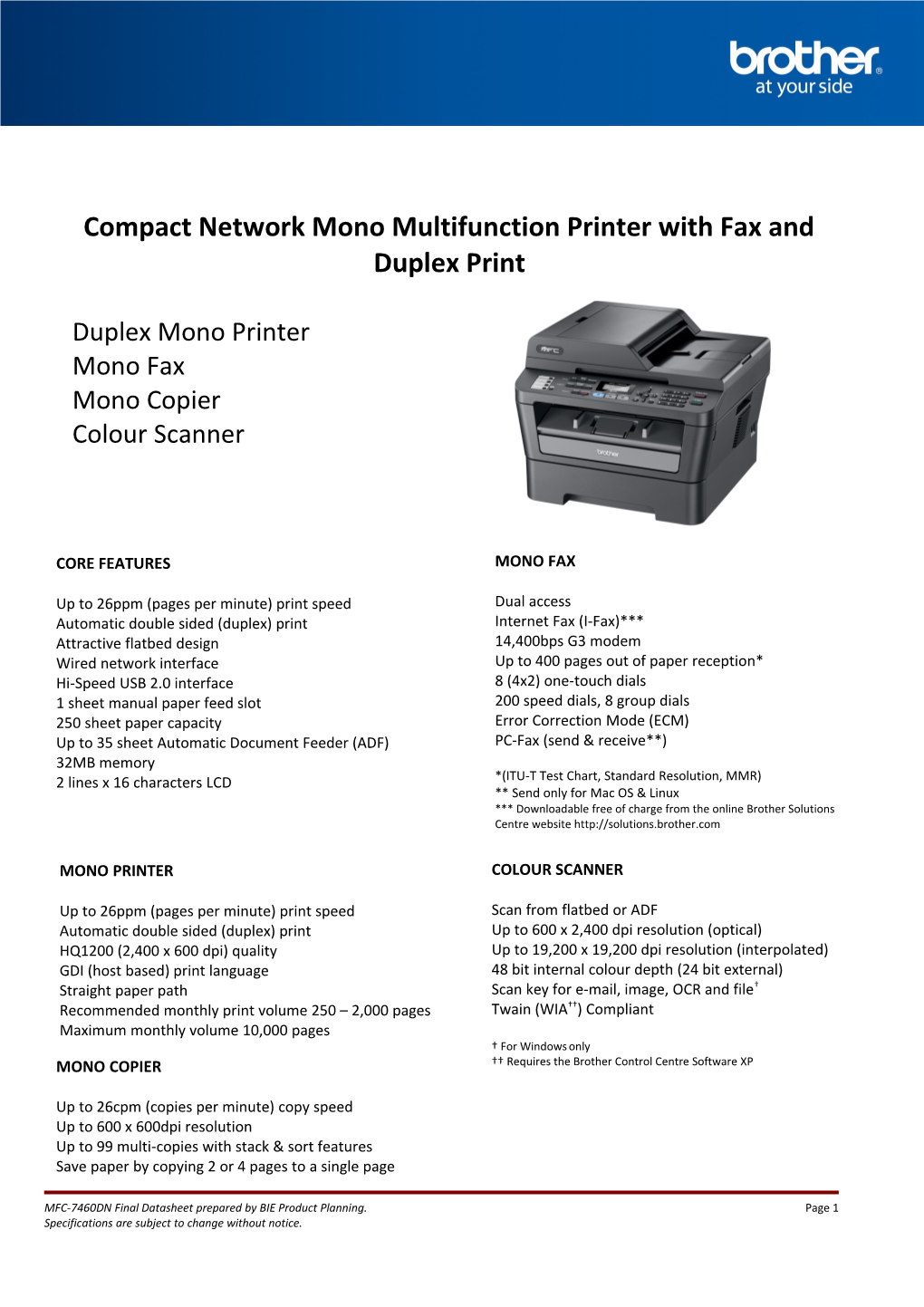 Compact Network Mono Multifunction Printer with Fax and Duplex Print