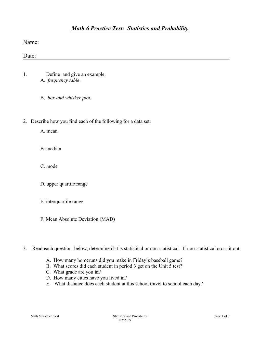 Math 6 Practice Test: Statistics and Probability