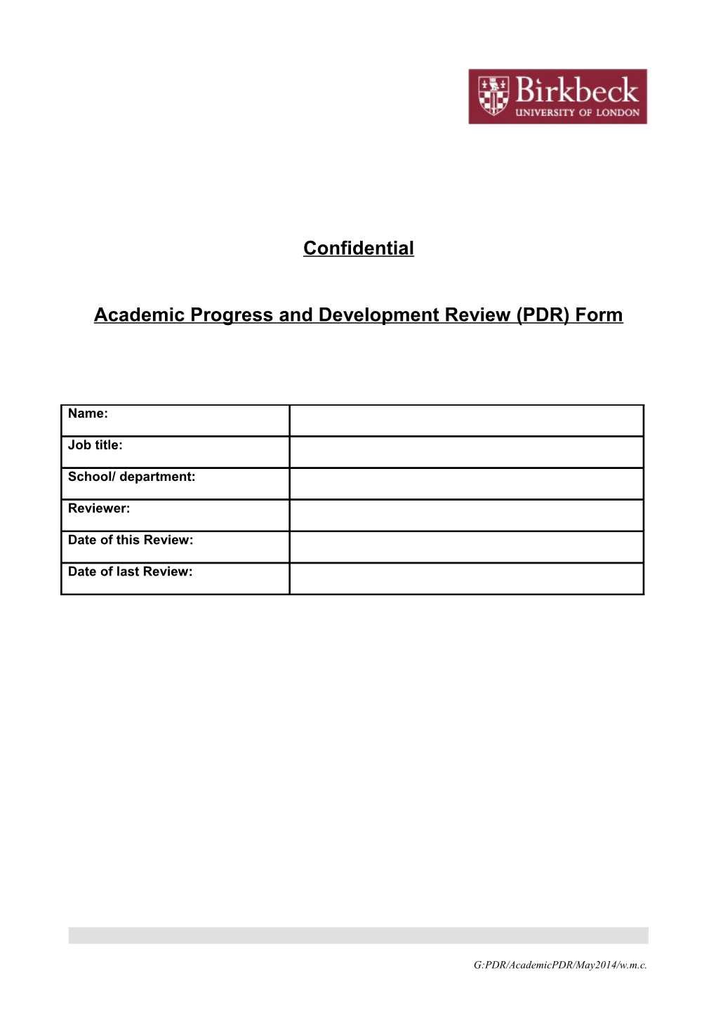 Academic Progress and Development Review (PDR) Form