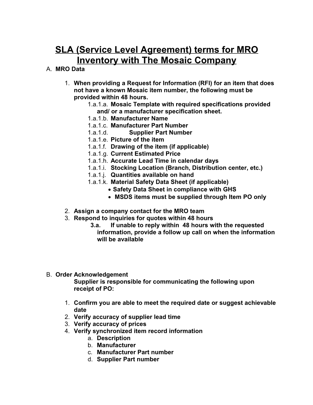 SLA (Service Level Agreement) Terms for MRO Inventory with the Mosaic Company