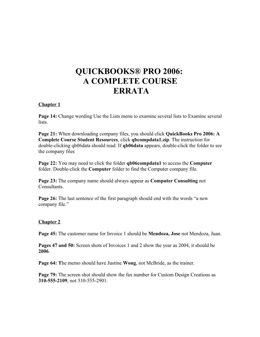 Quickbooks Pro 2006 Errata