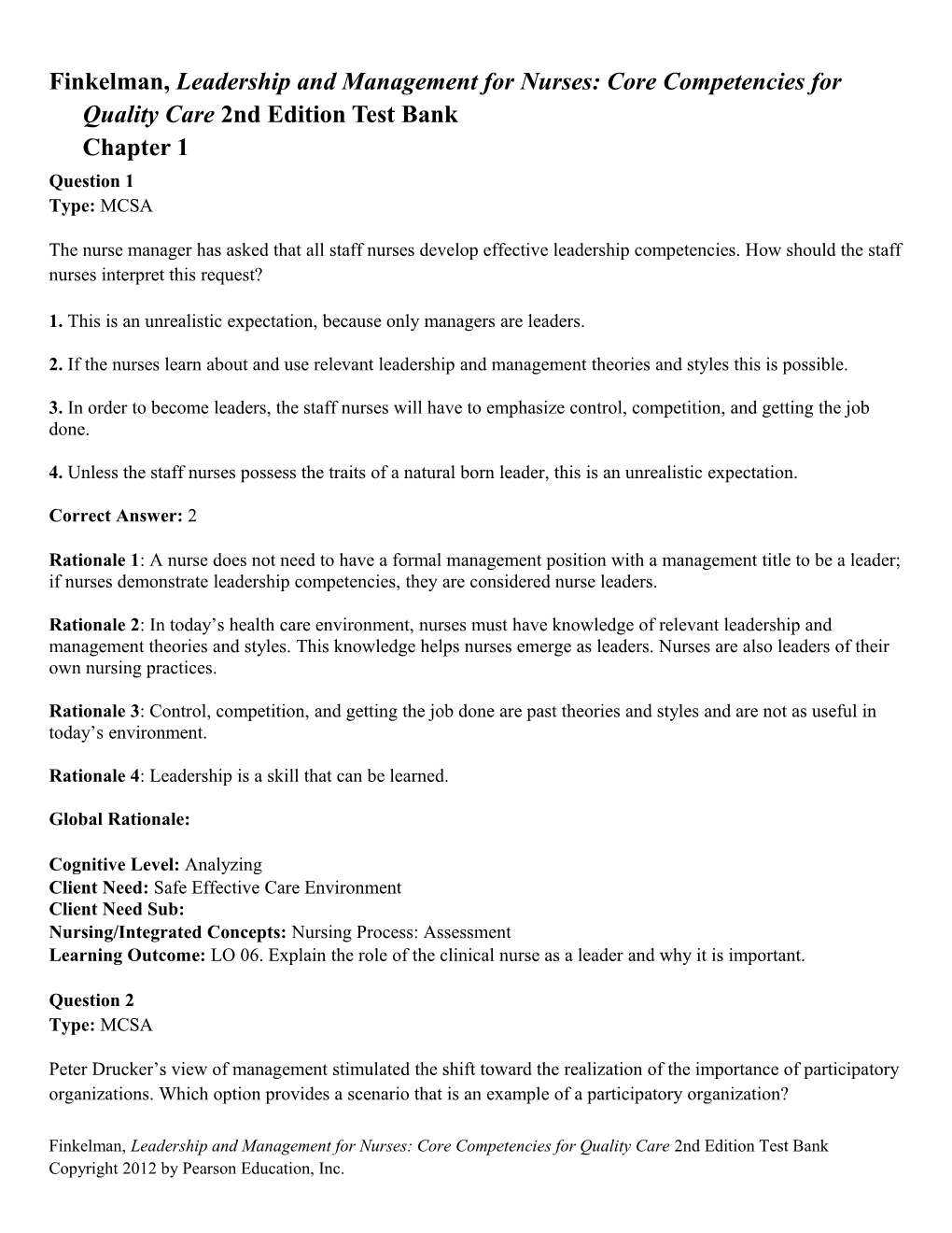 Finkelman, Leadership and Management for Nurses: Core Competencies for Quality Care 2Nd