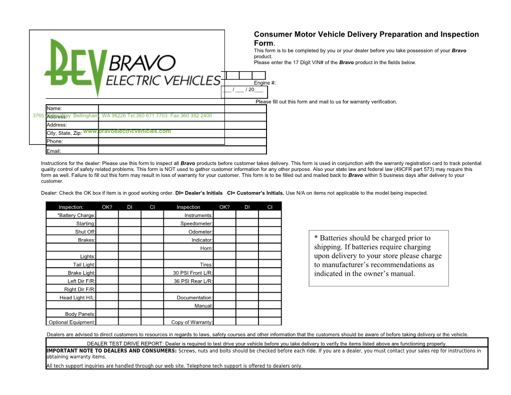 Consumer Motor Vehicle Delivery Preparation and Inspection Form