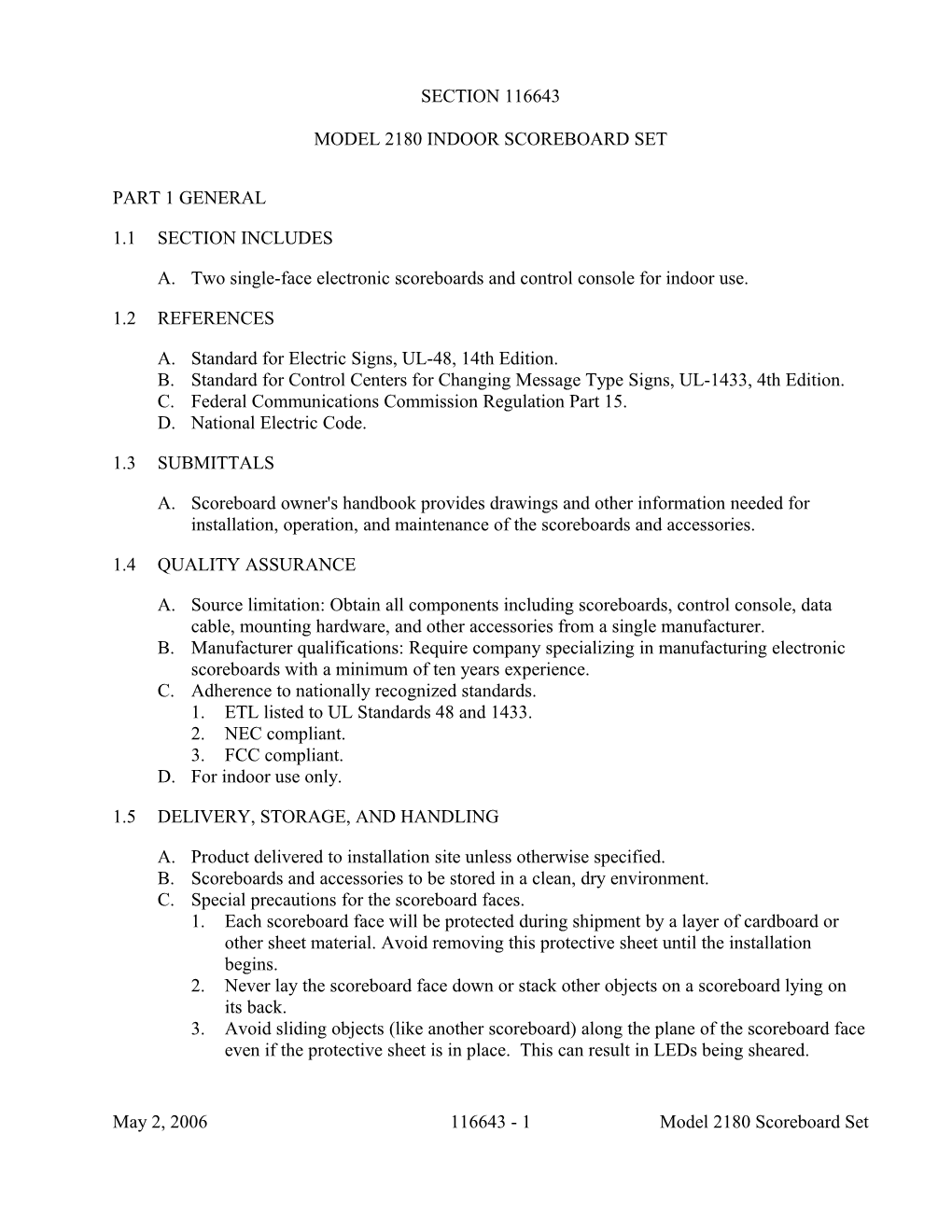 CSI Specifications for Model 2180 Scoreboard Set