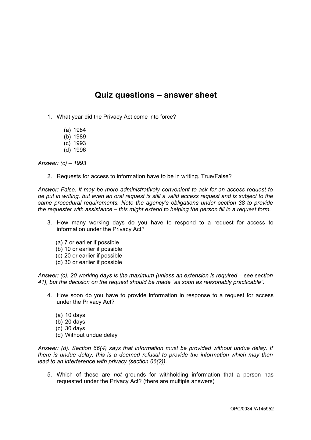 Quiz Questions Answer Sheet