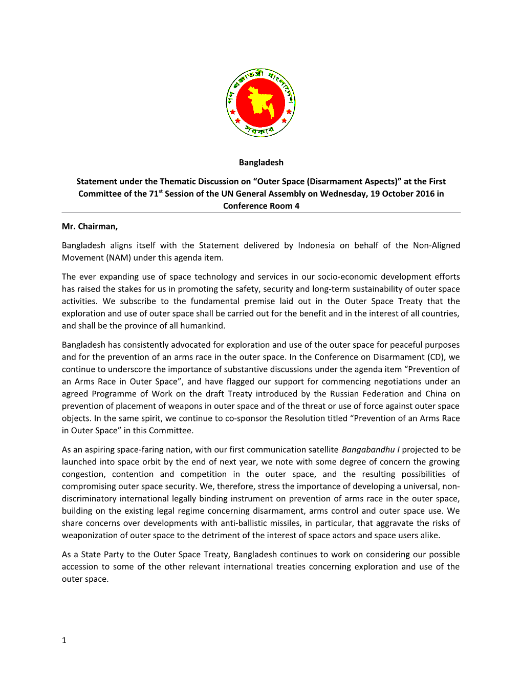 Statement Under the Thematic Discussion on Outer Space (Disarmament Aspects) at the First