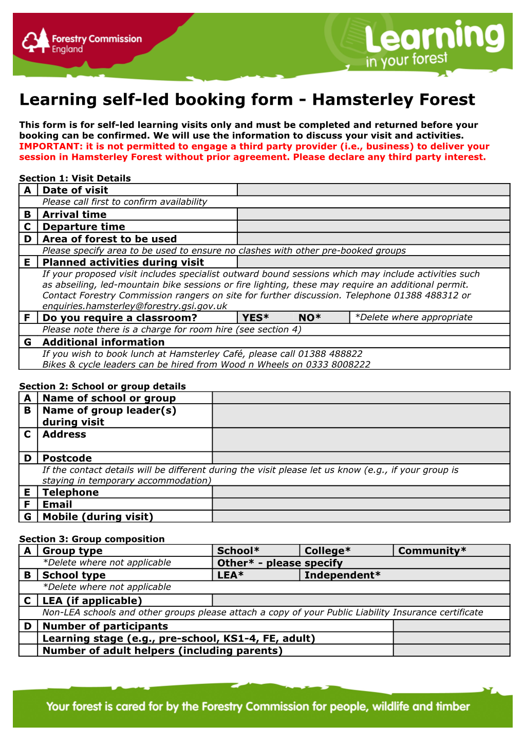 Learning Self-Led Booking Form - Hamsterley Forest