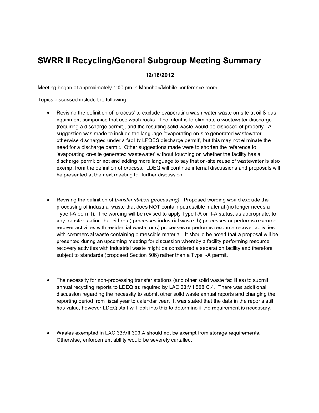 SWRR II Recycling/General Subgroup Meeting Summary