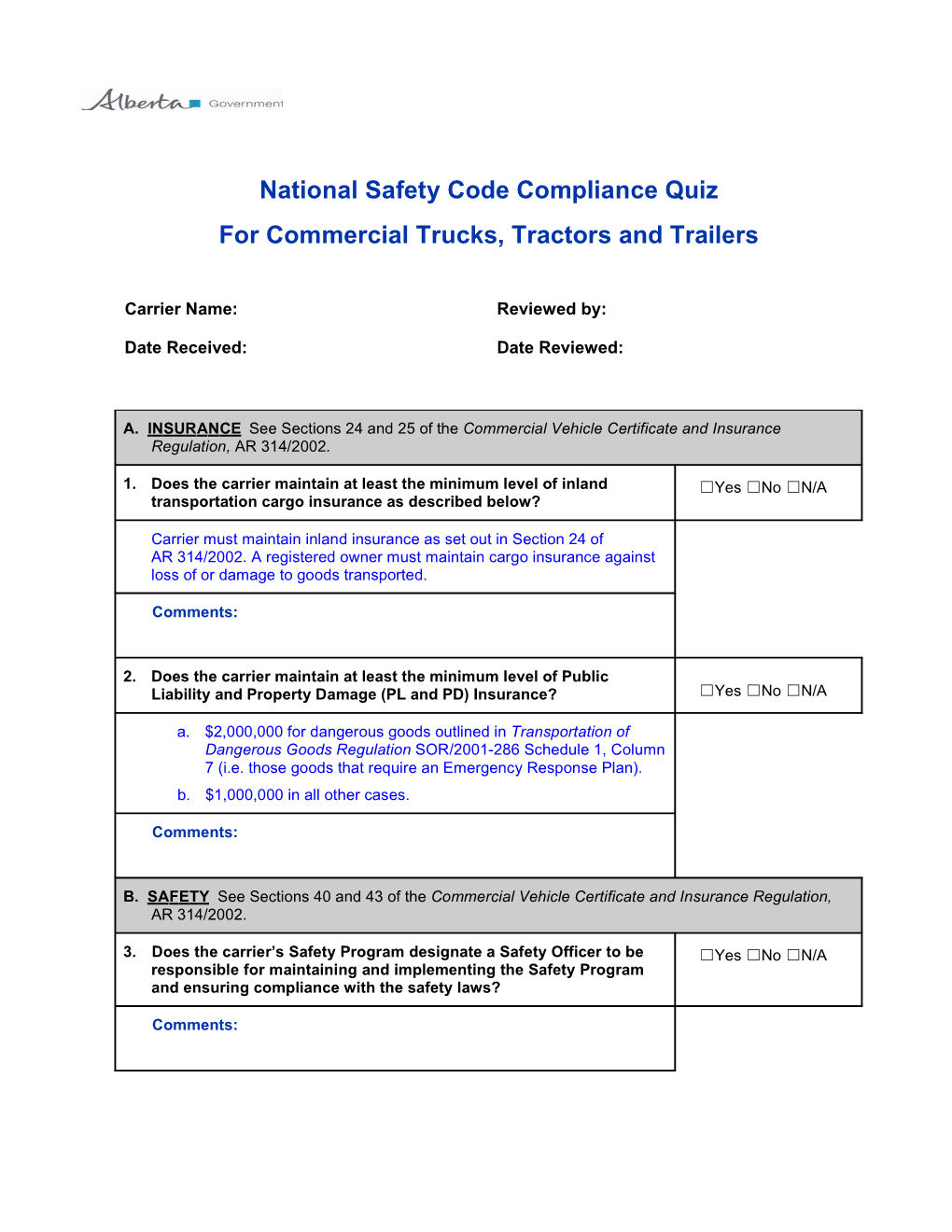 National Safety Code Compliance Quiz