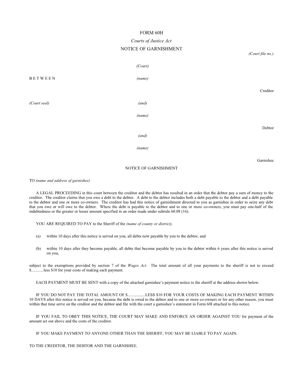 Form 60H Notice of Garnishment