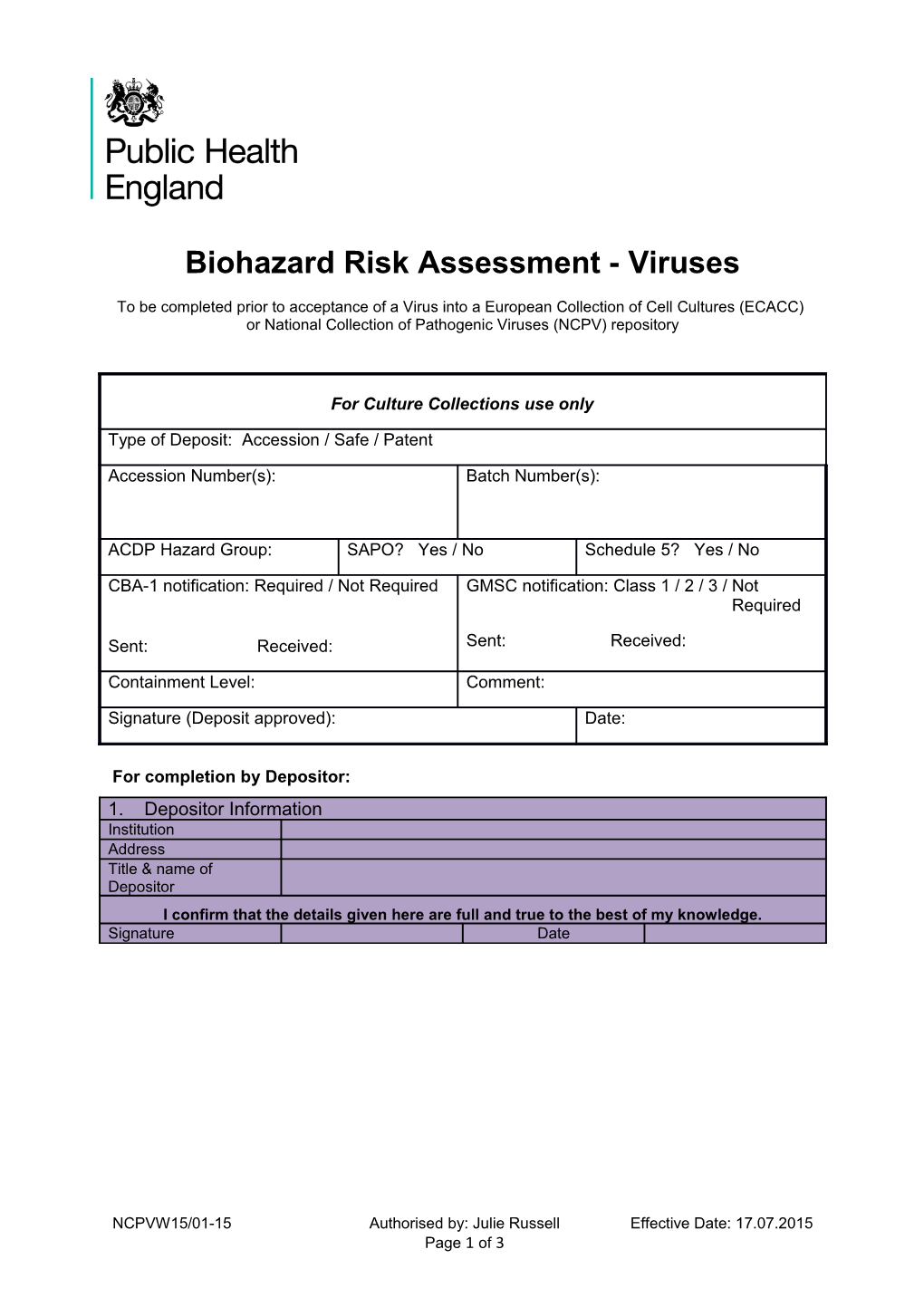 Biohazard Risk Assessment - Viruses