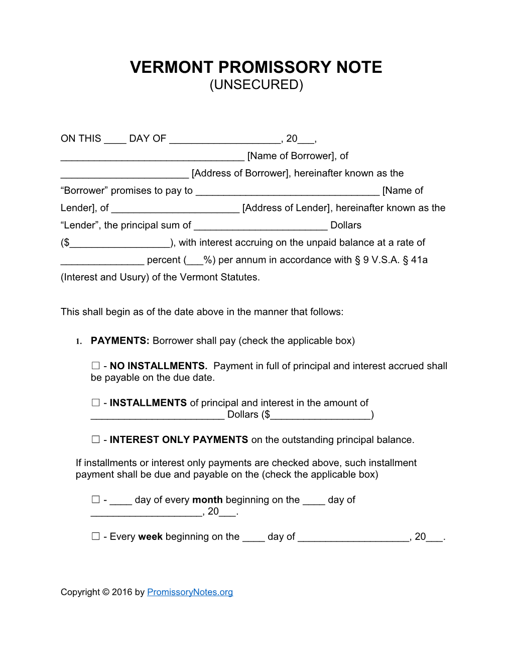 Vermont Unsecured Promissory Note