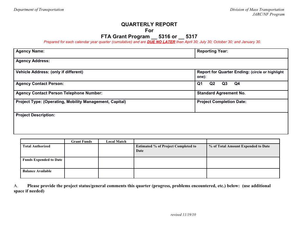 Department of Transportation	Section 5310 Program