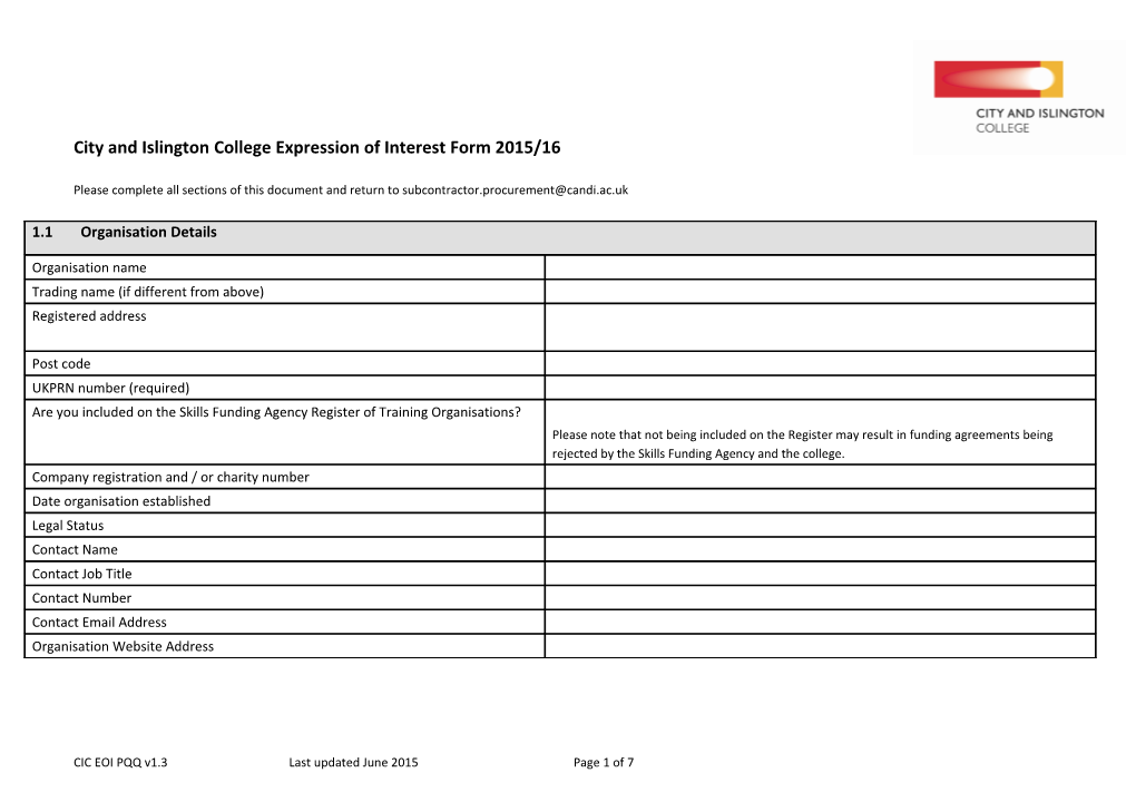 City and Islington College Expression of Interest Form 2015/16