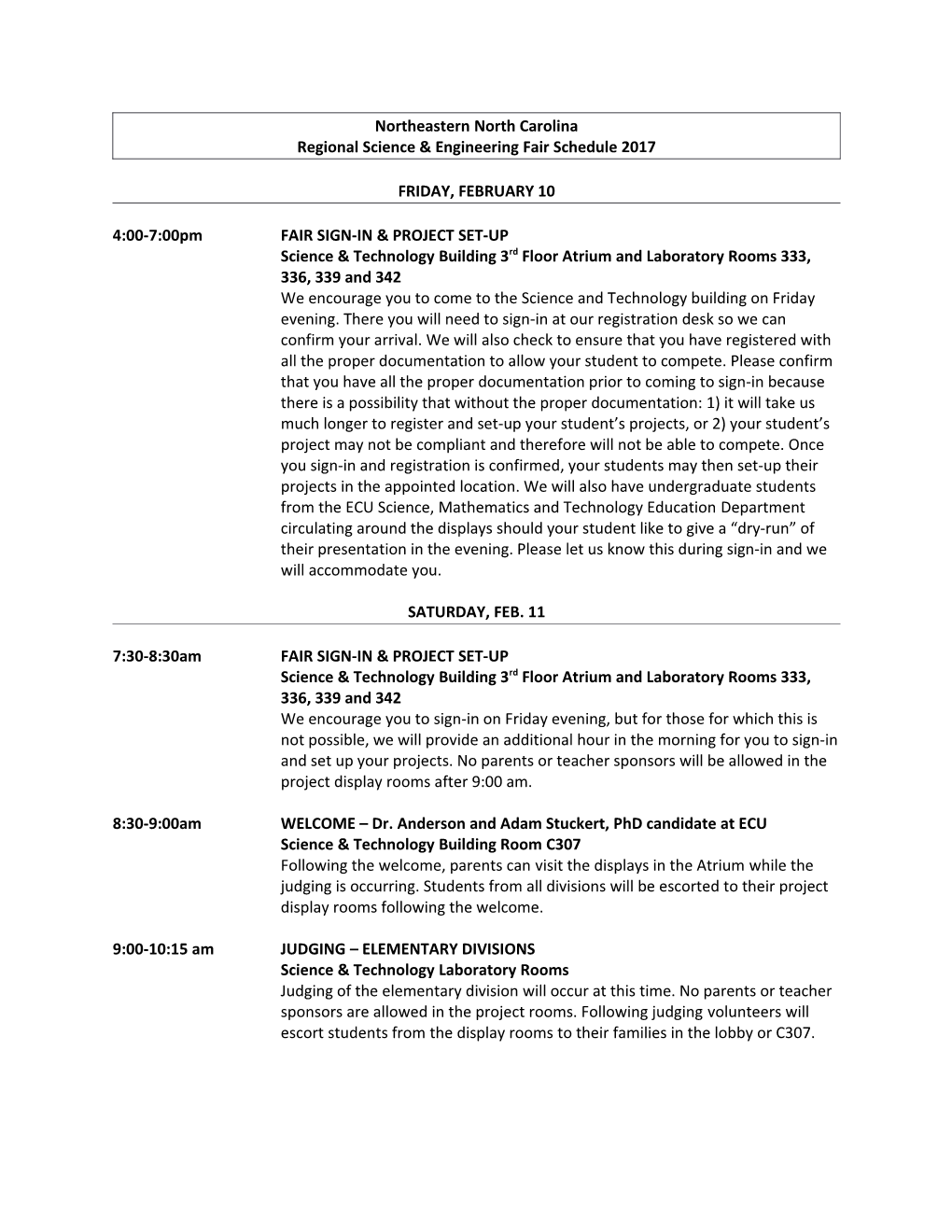 Regional Science & Engineering Fair Schedule 2017