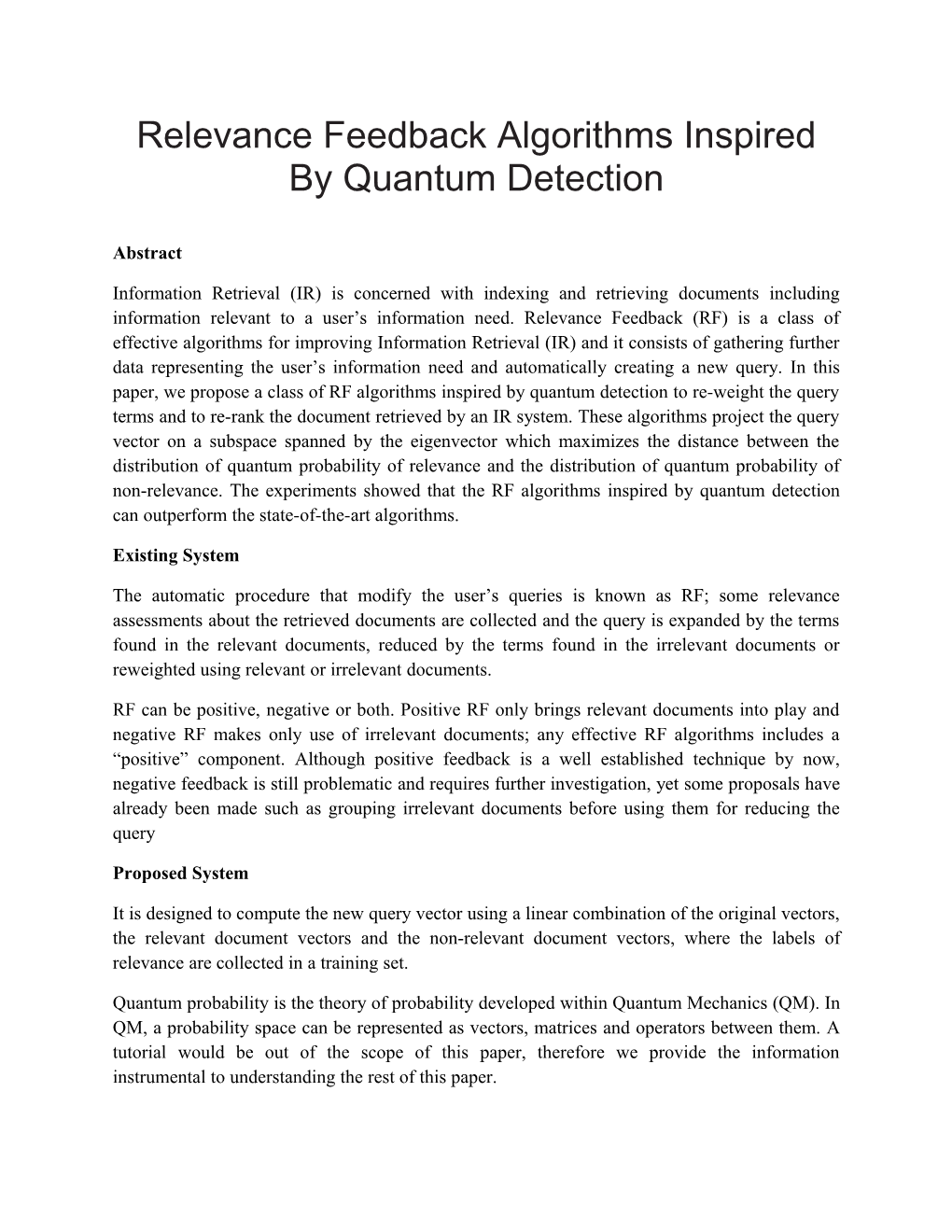 Relevance Feedback Algorithms Inspired by Quantum Detection