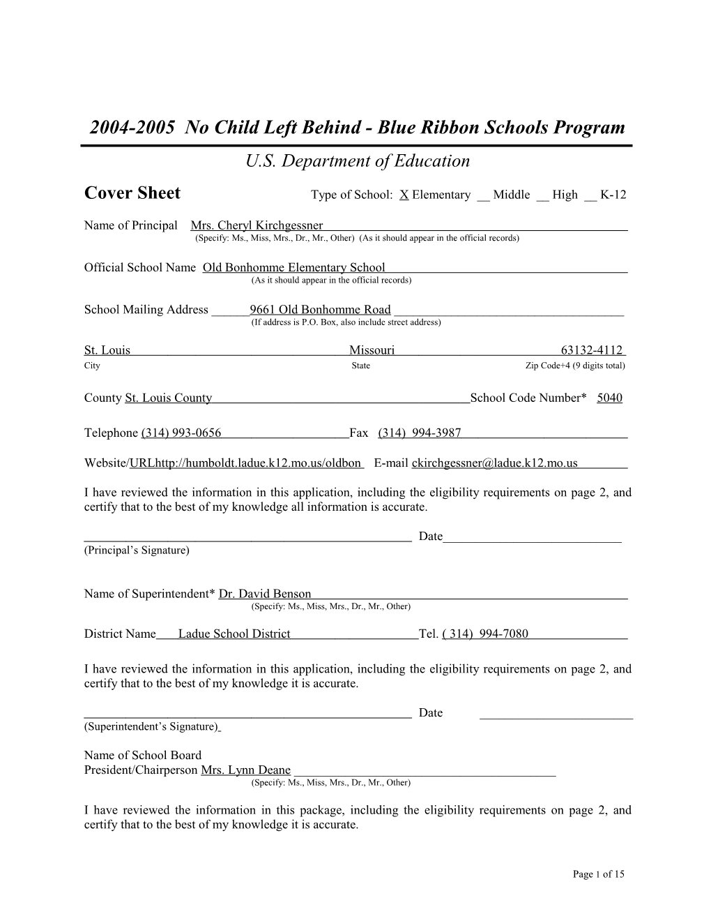 Old Bonhomme Elementary School Application: 2004-2005, No Child Left Behind - Blue Ribbon