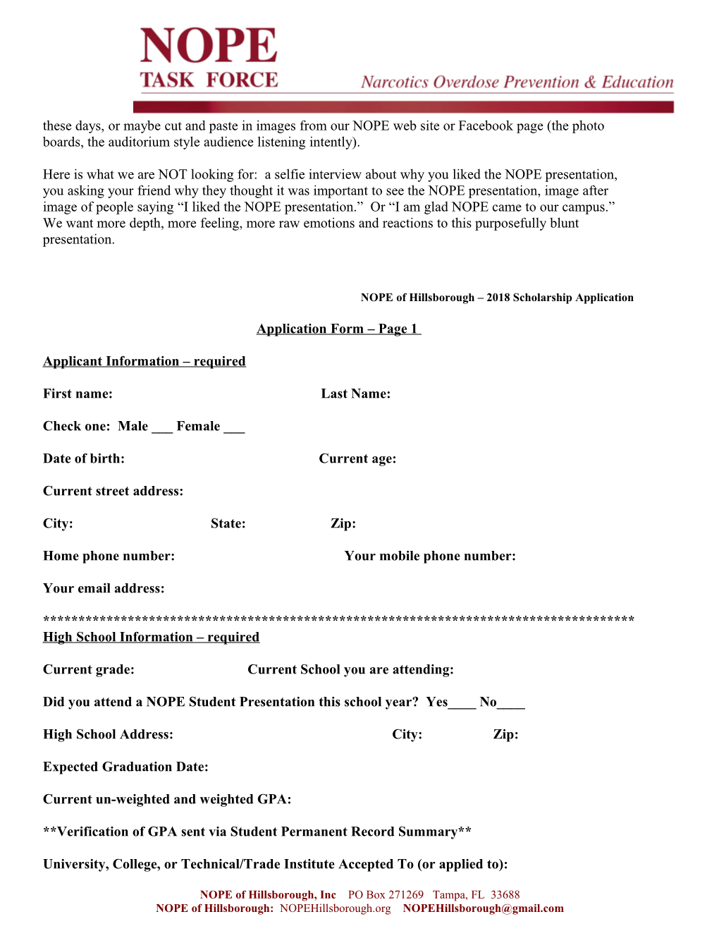 NOPE of Hillsborough 2018 Scholarship Application
