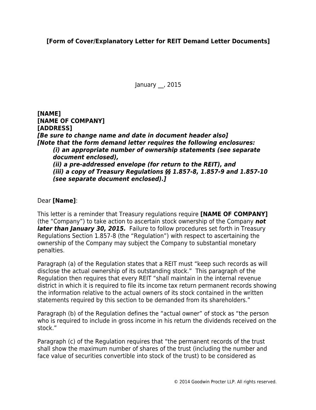 Form of Cover/Explanatory Letter for REIT Demand Letter Documents