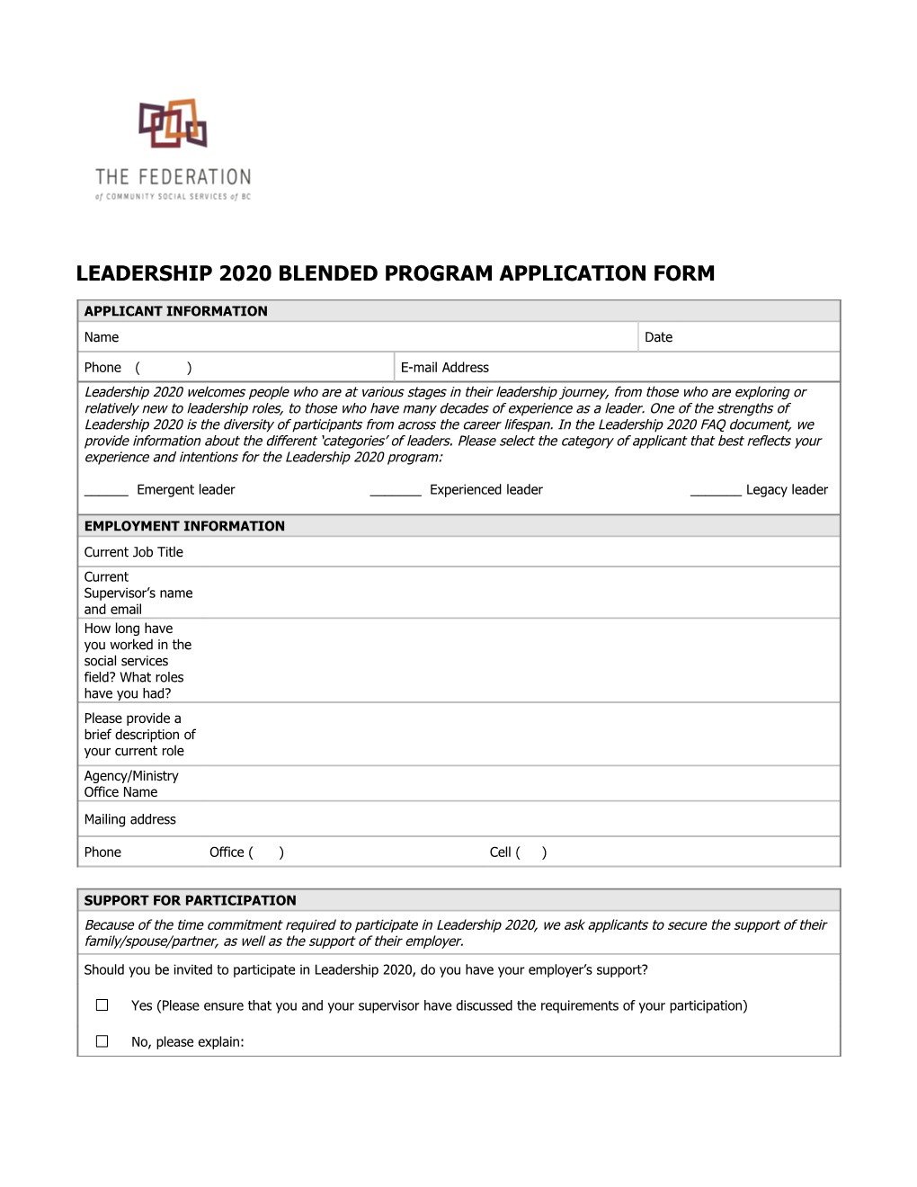 Leadership 2020 Blended Program Application Form