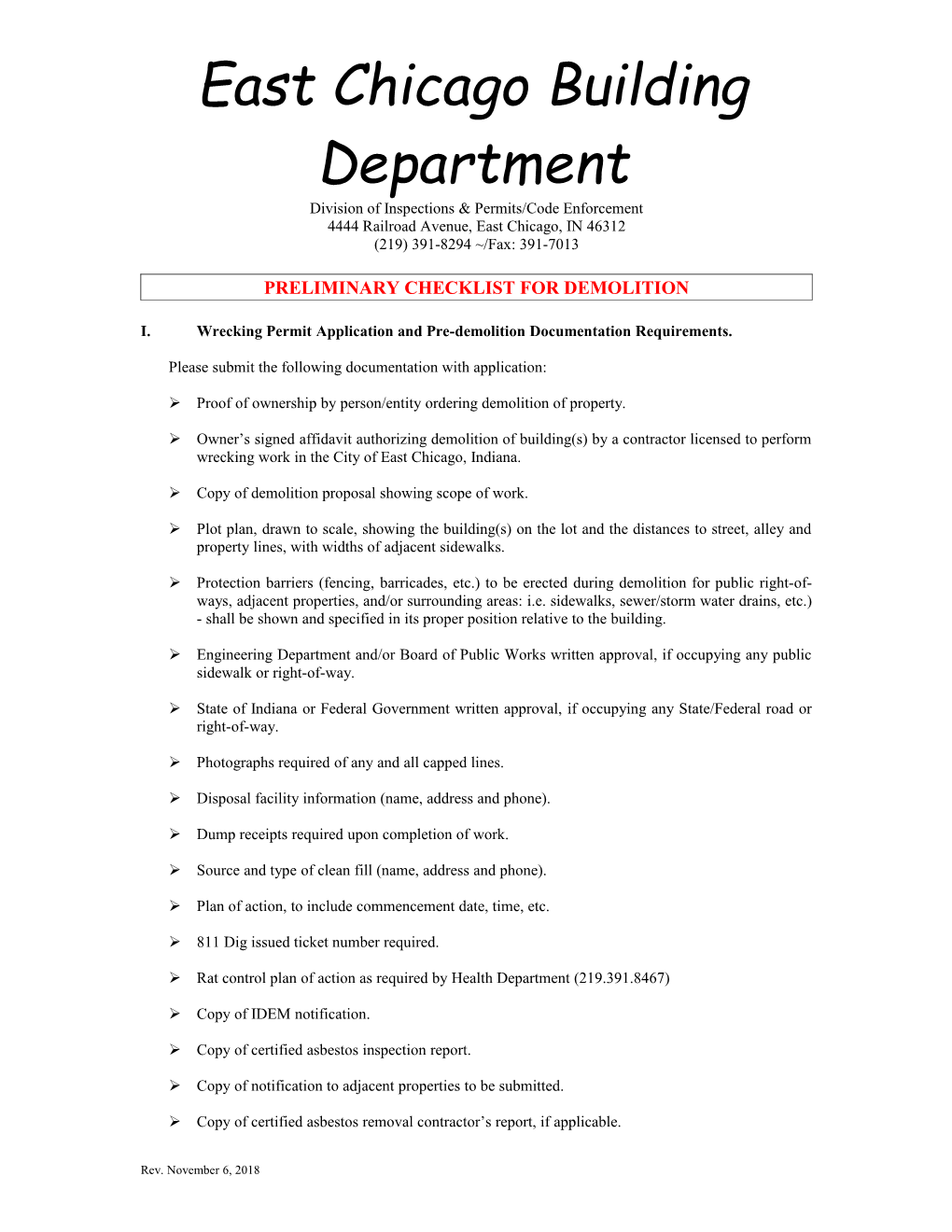 Checklist for Demolition of Class I Buildings and Structures