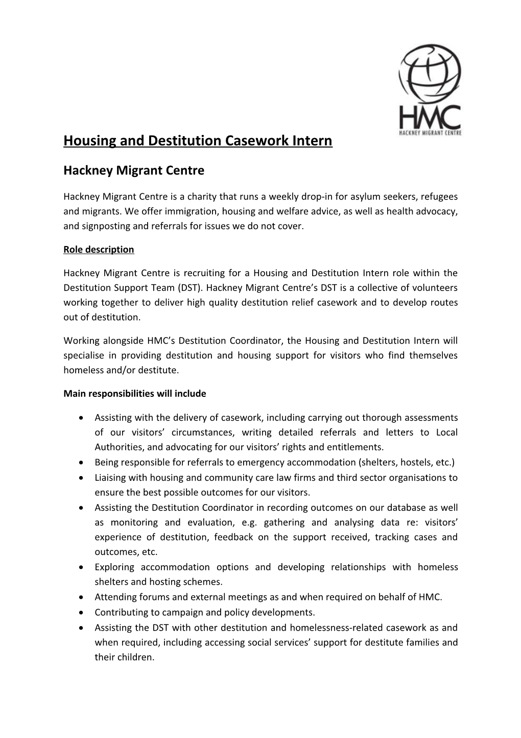 Housing and Destitution Casework Intern