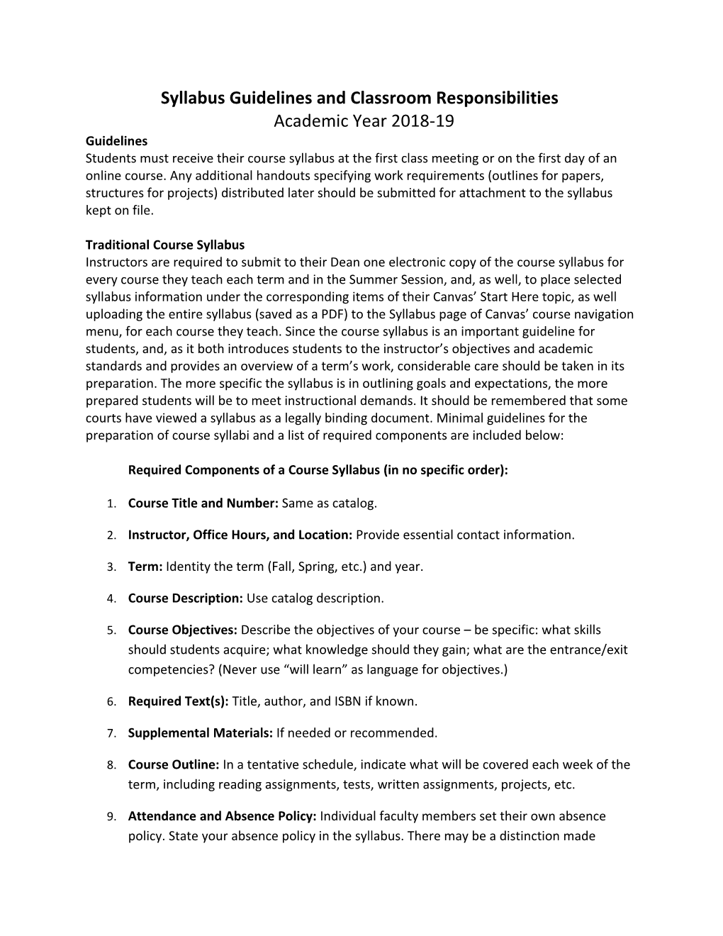 Syllabus Guidelines and Classroom Responsibilities Academic Year 2018-19
